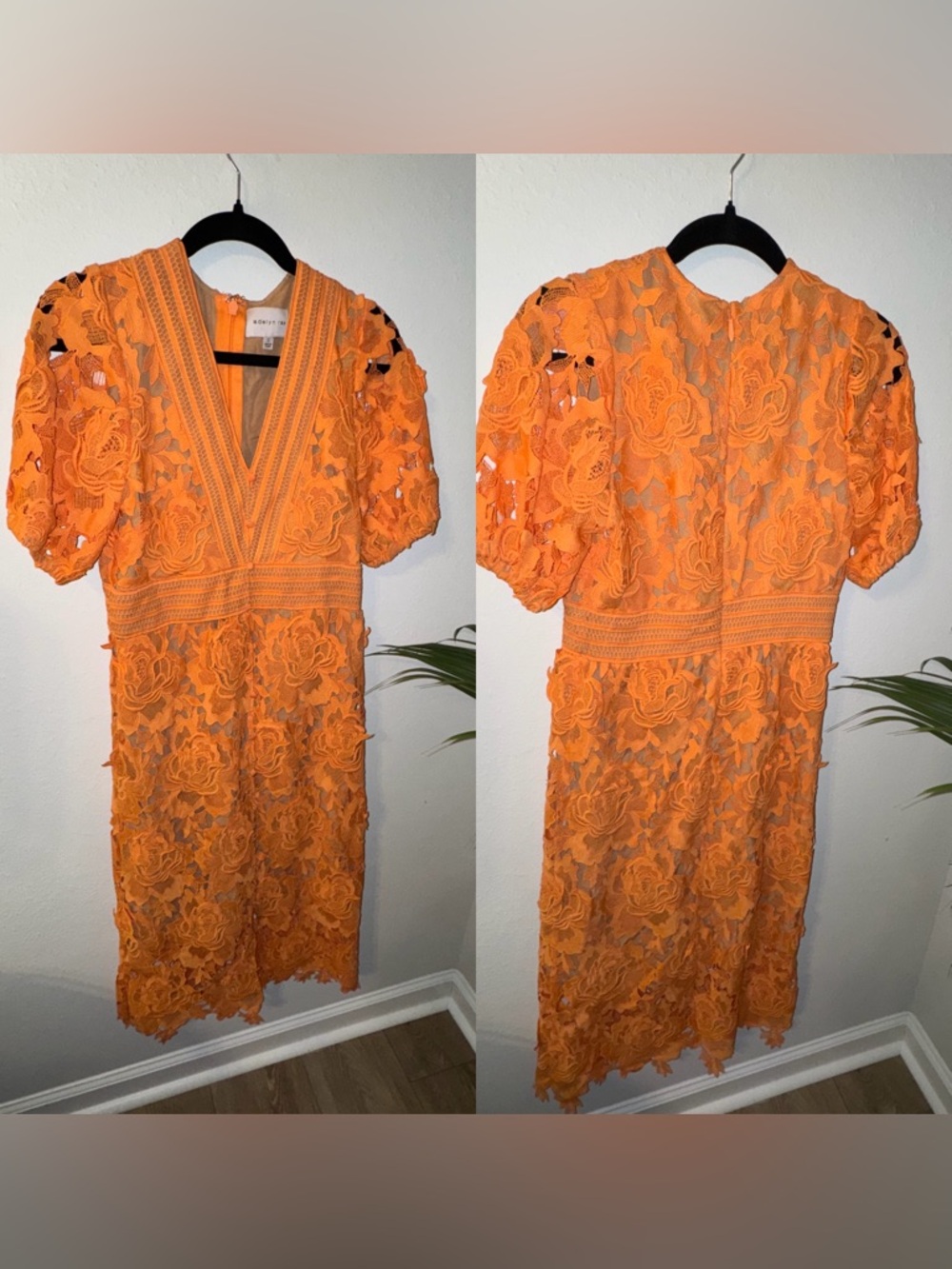 Vibrant Orange Floral Lace Midi Dress with V-Neck